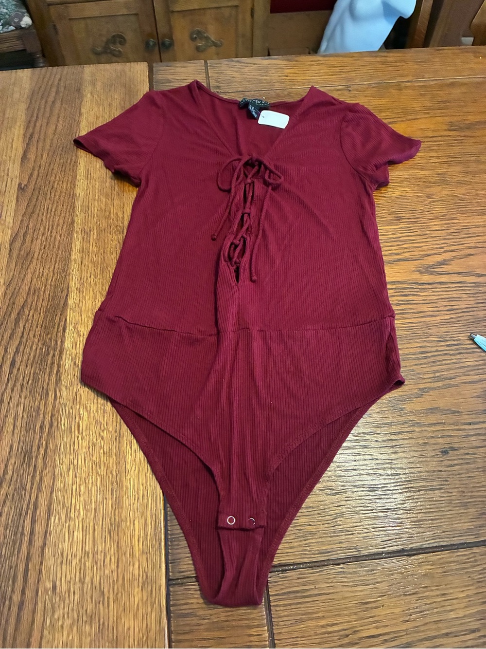 Forever 21 Burgundy Ribbed Lace-Up Short Sleeve Bodysuit